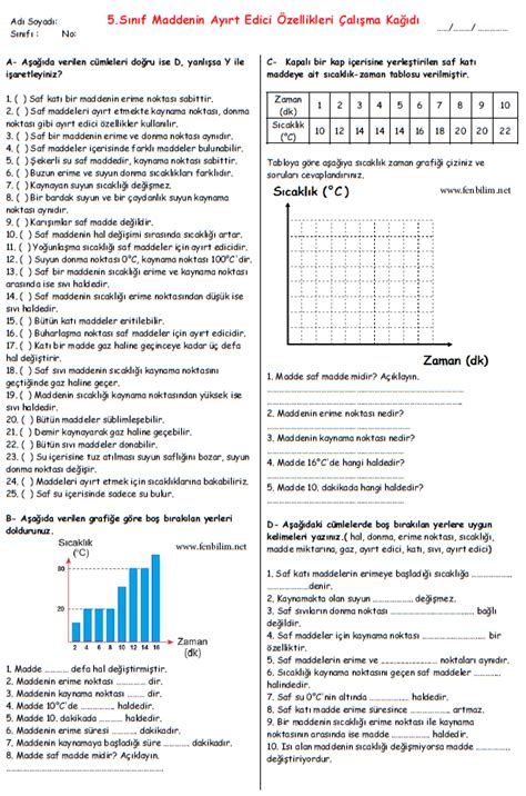 5 sınıf maddenin ayırt edici özellikleri çalışma kağıdı cevapları